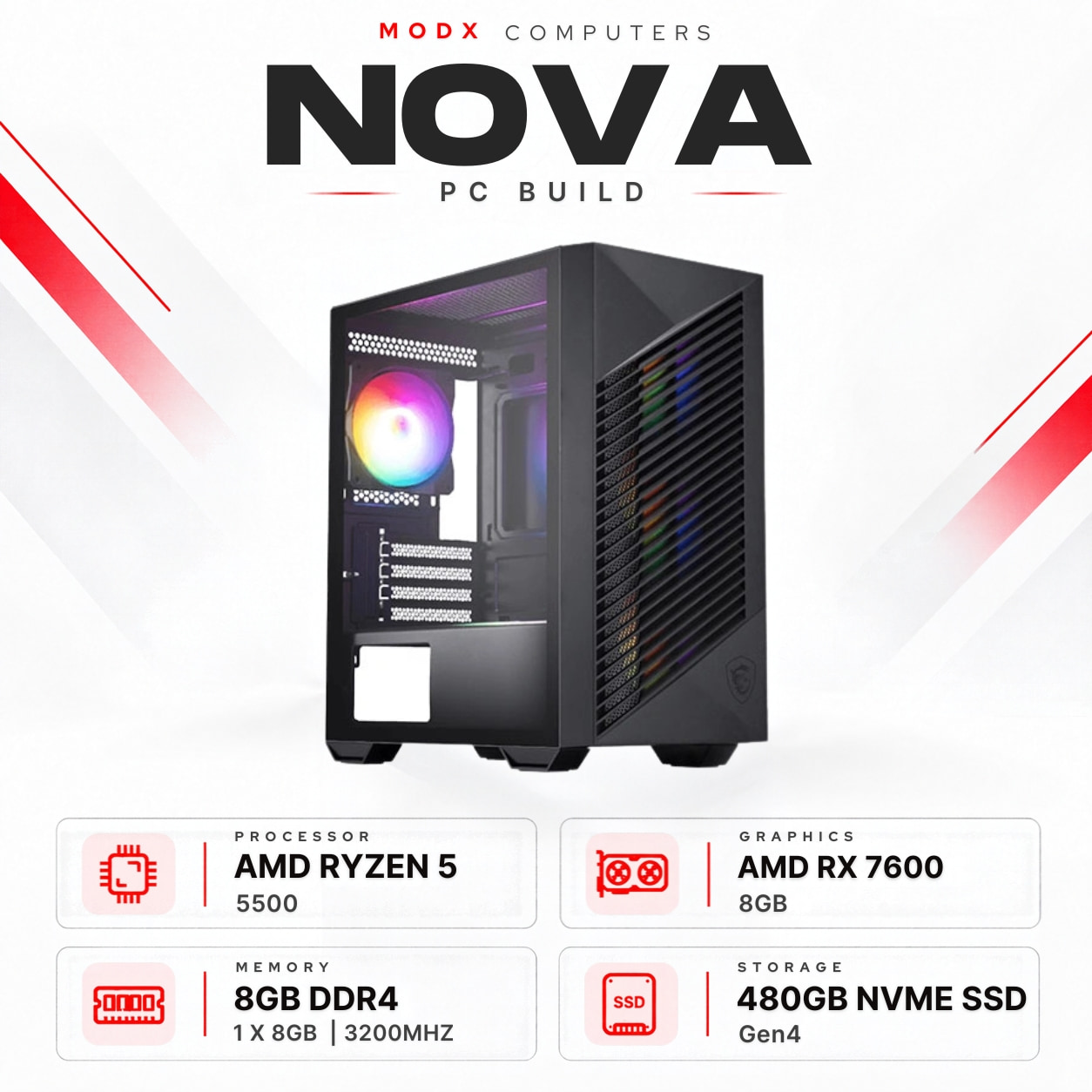 Nova R5 5500 + RX 7600 8GB Shadow PC Build