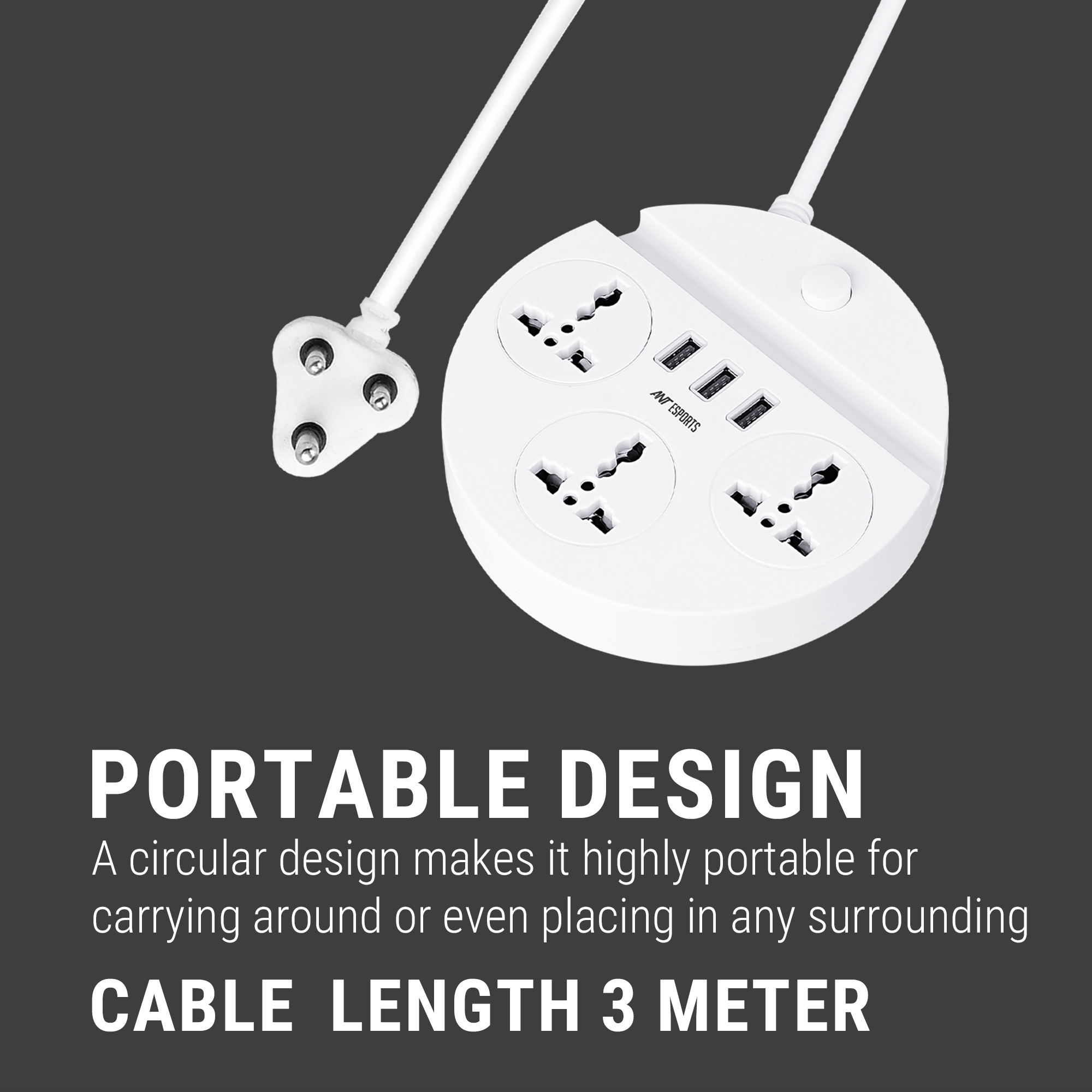 Ant Esports PS330 Power Strip with 3 Universal Sockets, 3 USB Ports (White) Power Strip image 7