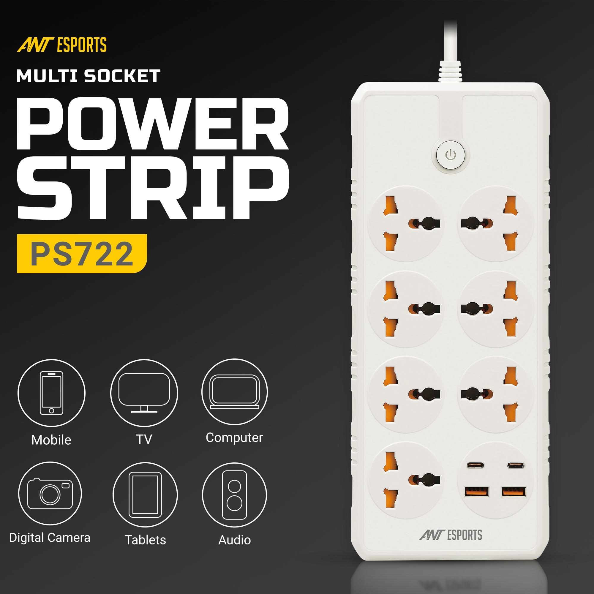 Ant Esports PS722 Power Strip with 7 Universal Sockets, 2 USB, 2 Type-C Ports (White) Power Strip Ant