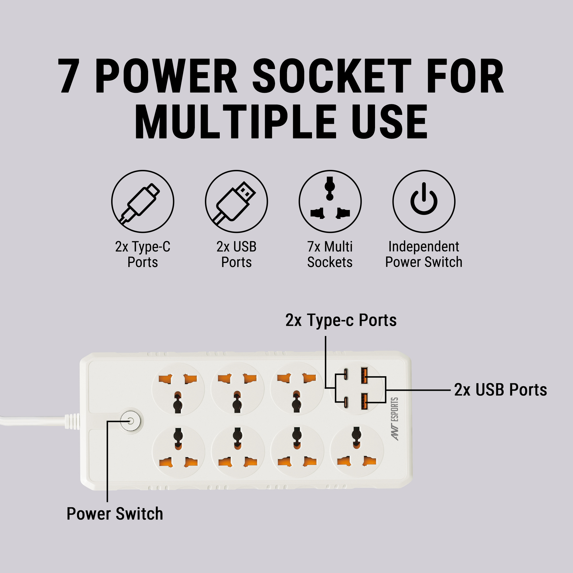 Ant Esports PS722 Power Strip with 7 Universal Sockets, 2 USB, 2 Type-C Ports (White) Power Strip Esports