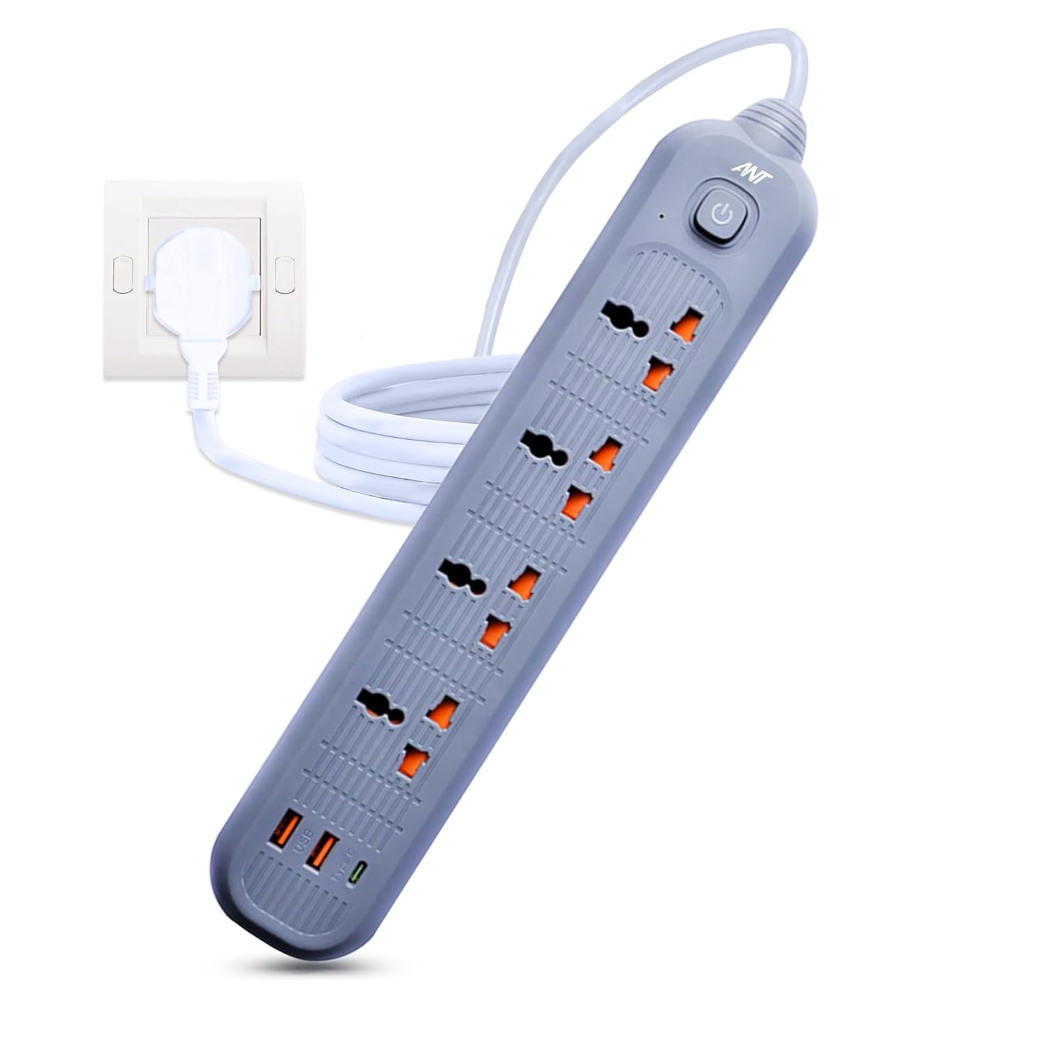 Ant Plus PS421 Power Strip with 4 Universal Socket, 2 USB, 1 Type-C Ports (Grey)