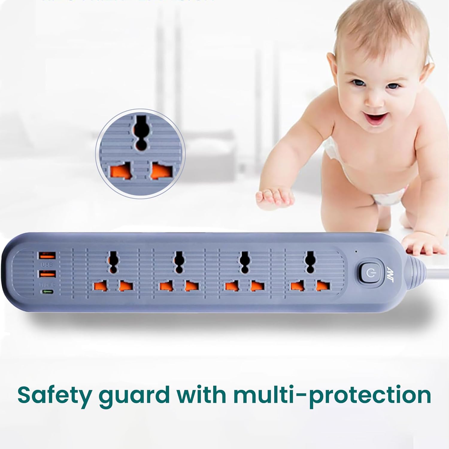 Ant Plus PS421 Power Strip with 4 Universal Socket, 2 USB, 1 Type-C Ports (Grey) Power Strip Plus