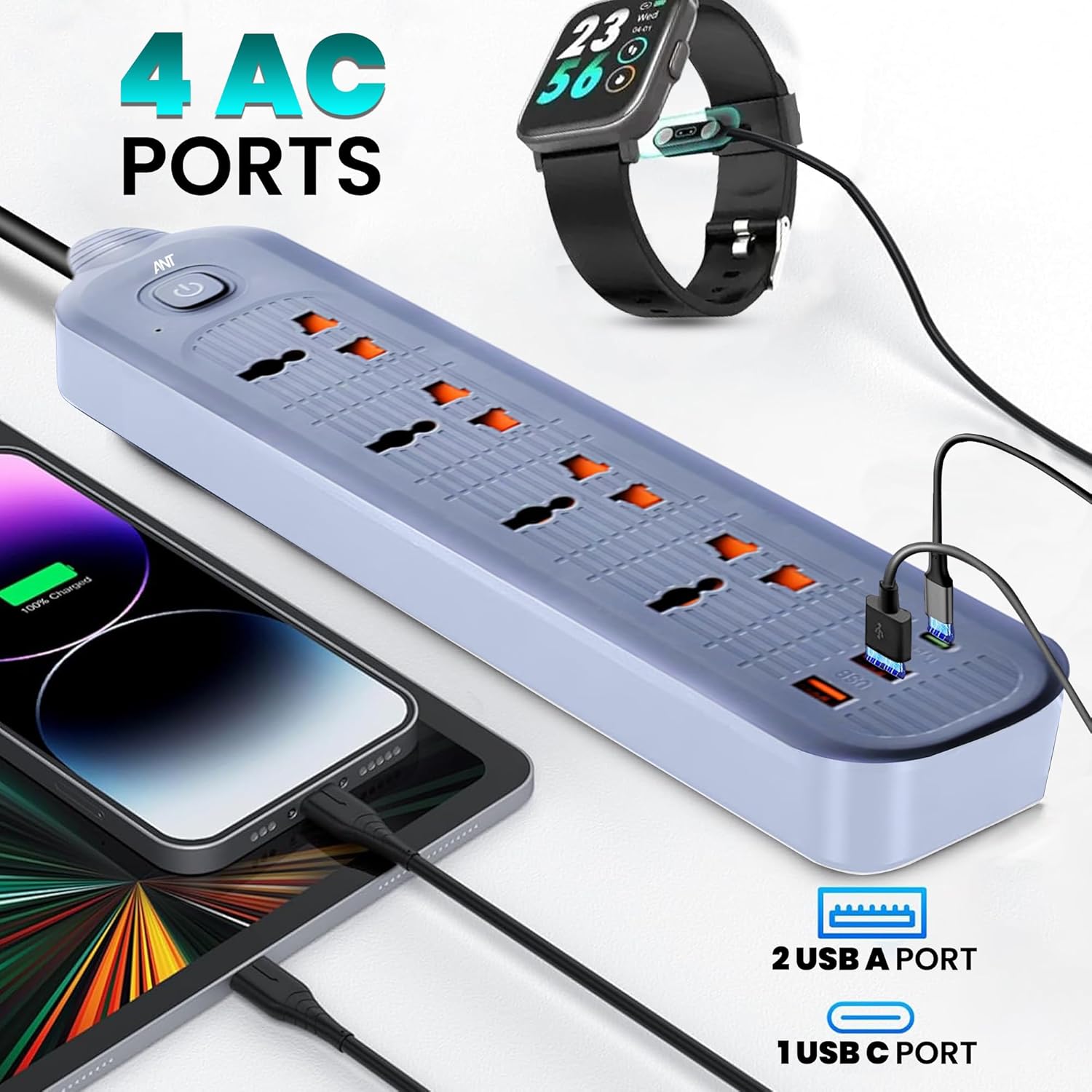 Ant Plus PS421 Power Strip with 4 Universal Socket, 2 USB, 1 Type-C Ports (Grey) Power Strip modxcomputers