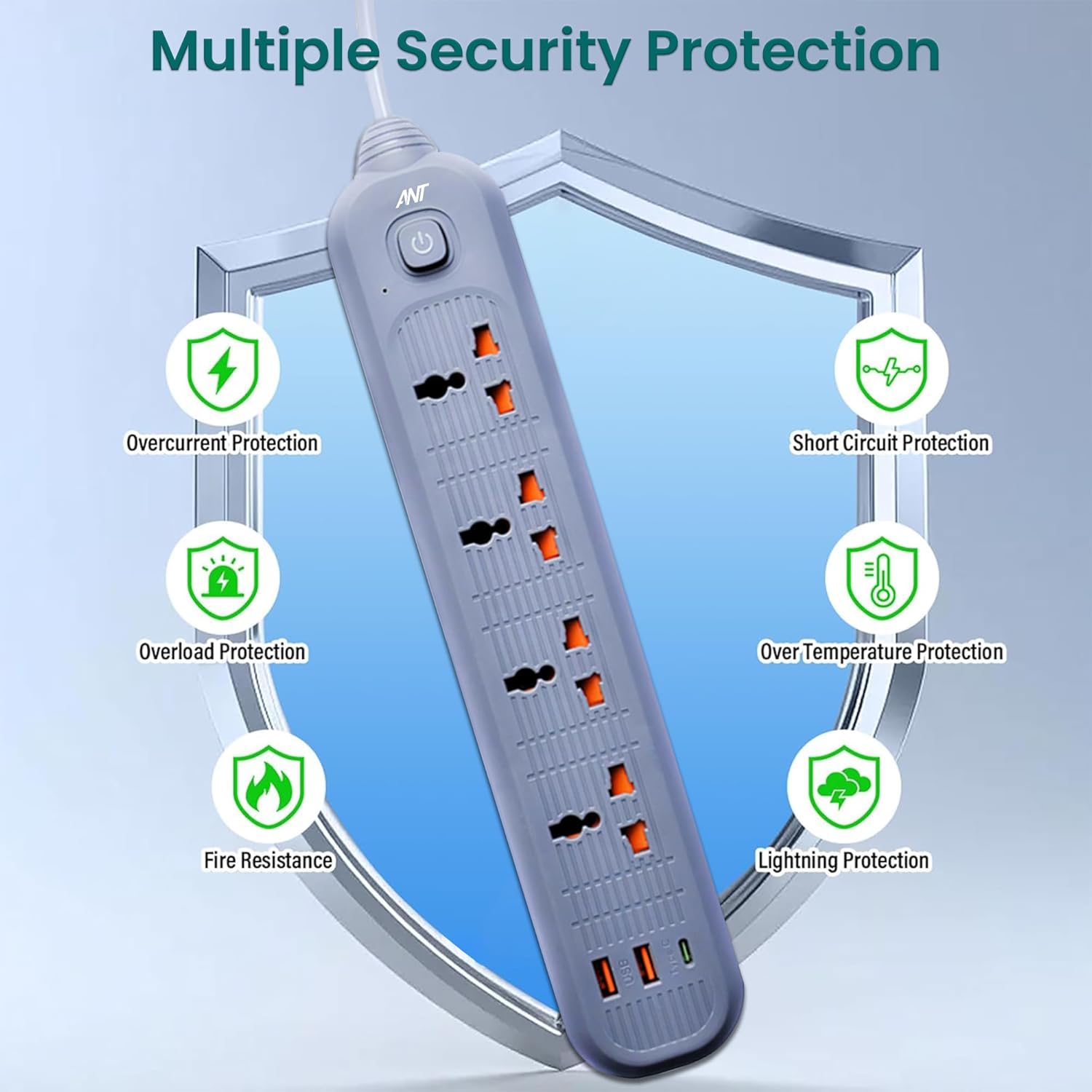 Ant Plus PS421 Power Strip with 4 Universal Socket, 2 USB, 1 Type-C Ports (Grey) Power Strip image 7