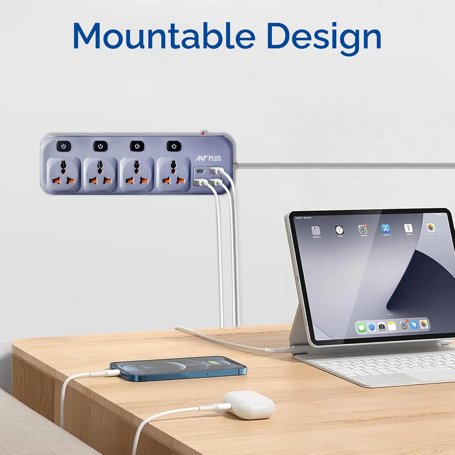 Ant Plus PS431 Power Strip with 4 Universal Socket, 3 USB, 1 Type-C Ports (Grey) Power Strip ANT