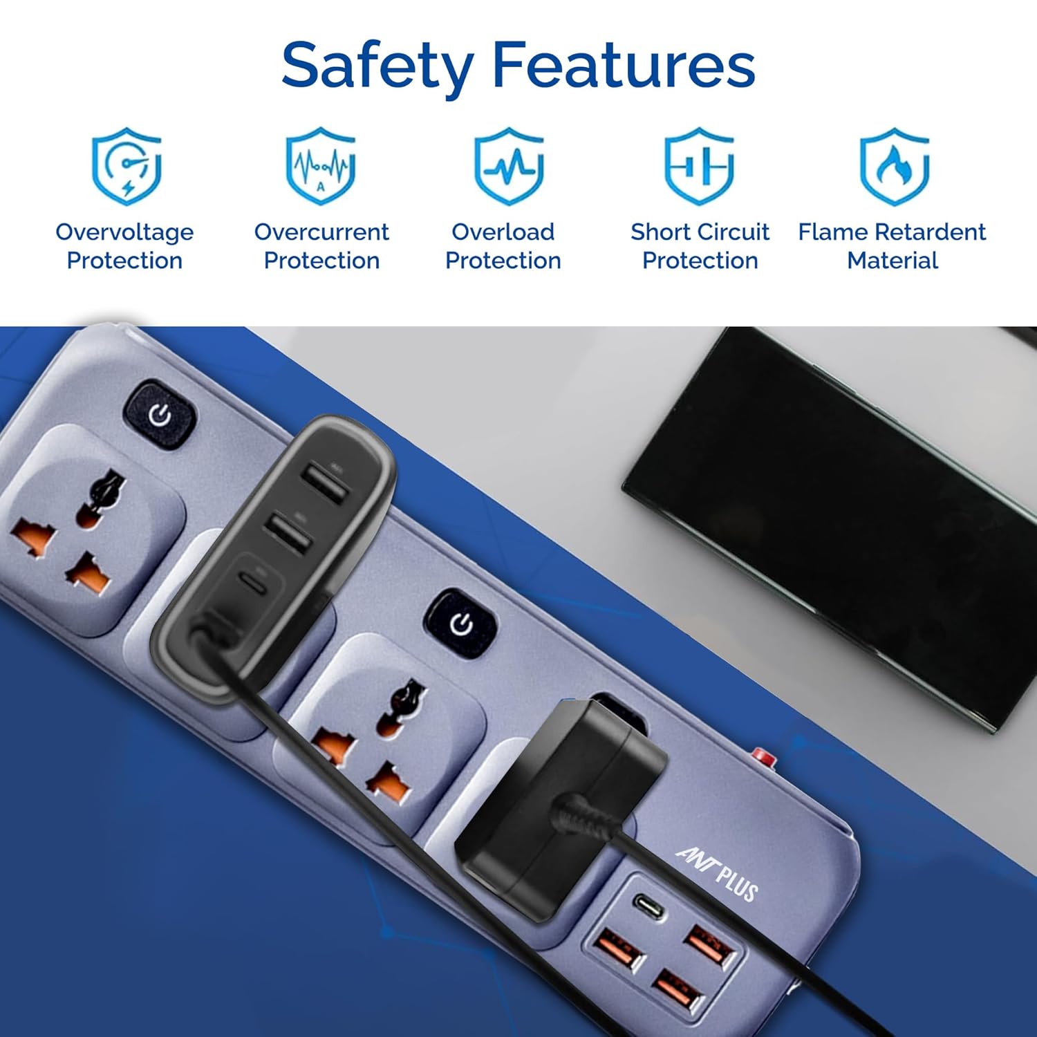 Ant Plus PS431 Power Strip with 4 Universal Socket, 3 USB, 1 Type-C Ports (Grey) Power Strip modxcomputers