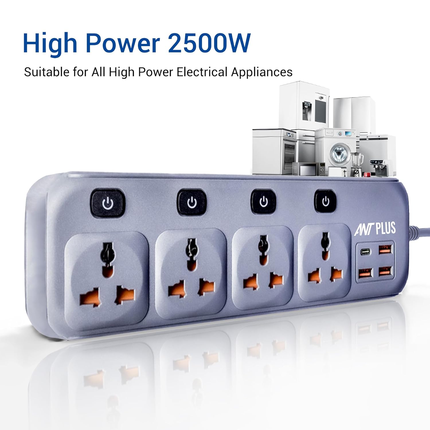 Ant Plus PS431 Power Strip with 4 Universal Socket, 3 USB, 1 Type-C Ports (Grey) Power Strip image 7