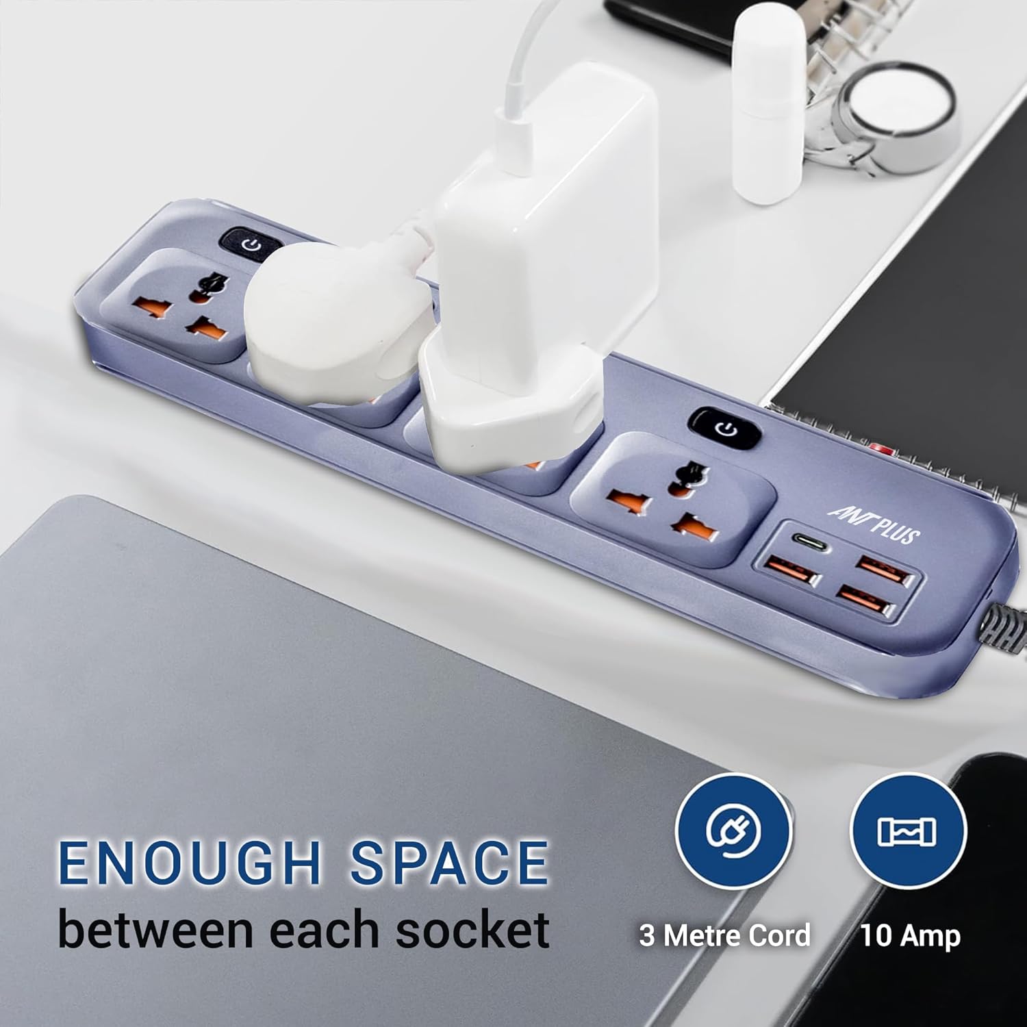 Ant Plus PS431 Power Strip with 4 Universal Socket, 3 USB, 1 Type-C Ports (Grey) Power Strip PS431