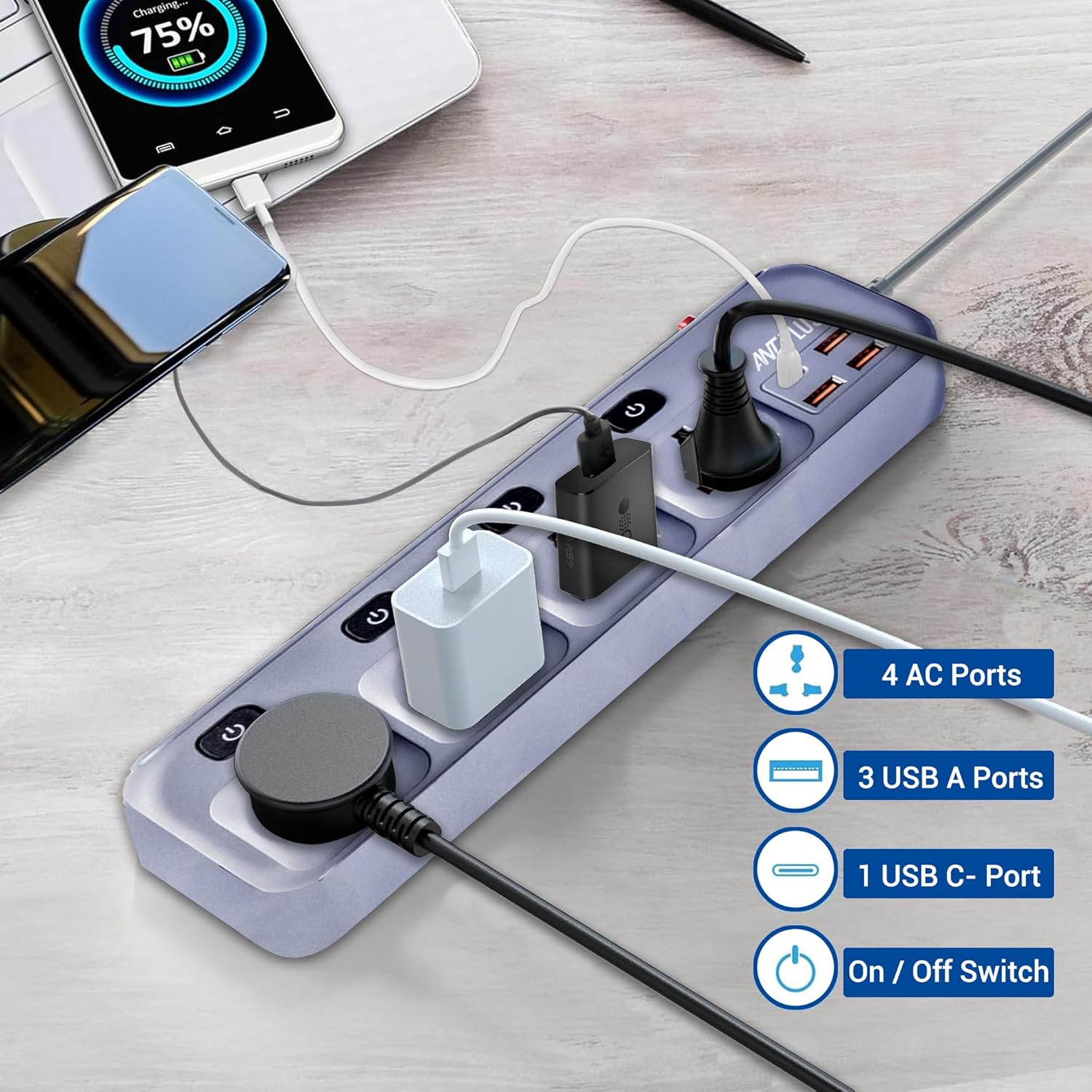 Ant Plus PS431 Power Strip with 4 Universal Socket, 3 USB, 1 Type-C Ports (Grey) Power Strip image 6
