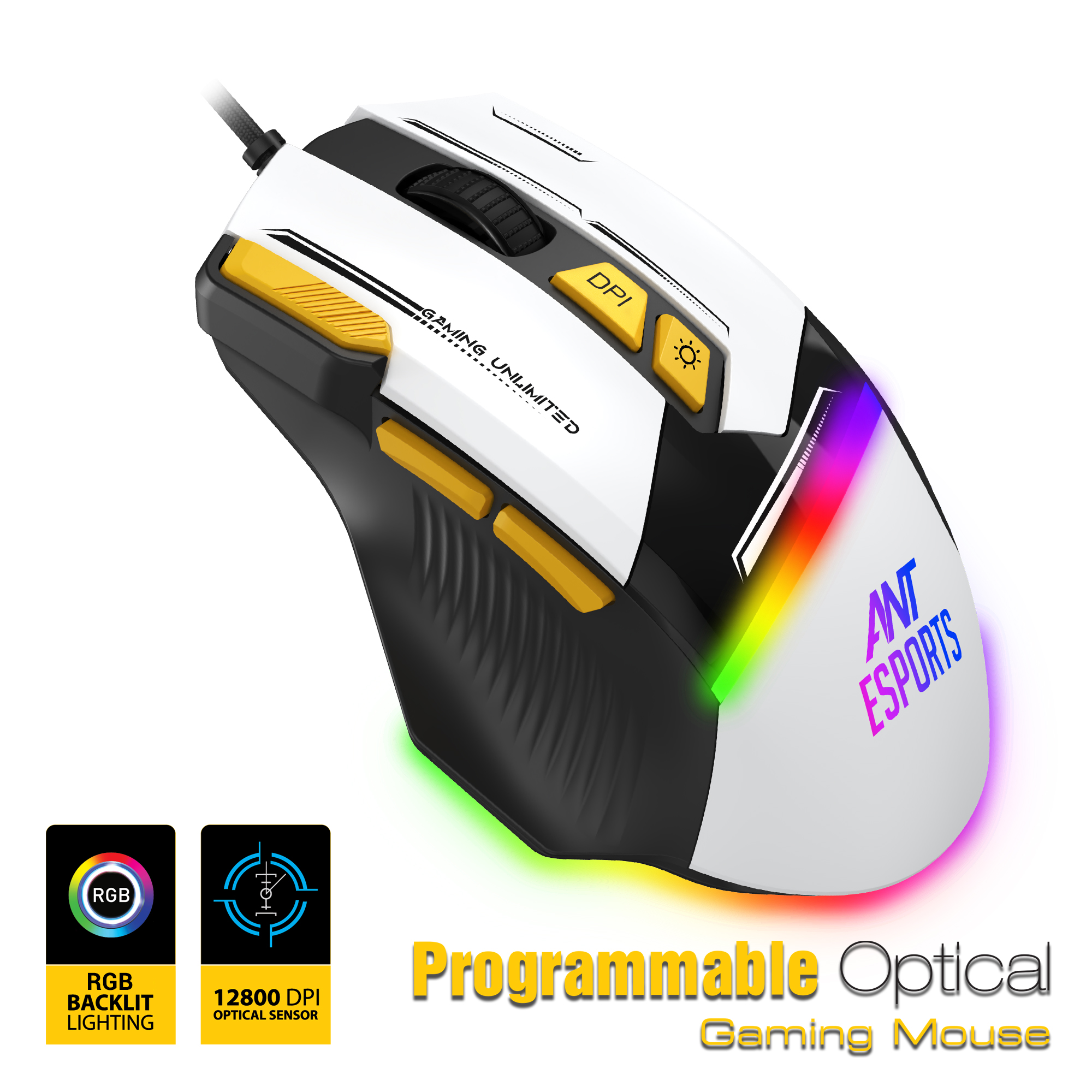 Ant Esports GM333 Wired Optical Ergonomic Design (Black-White-Yellow) Gaming Mouse Ant