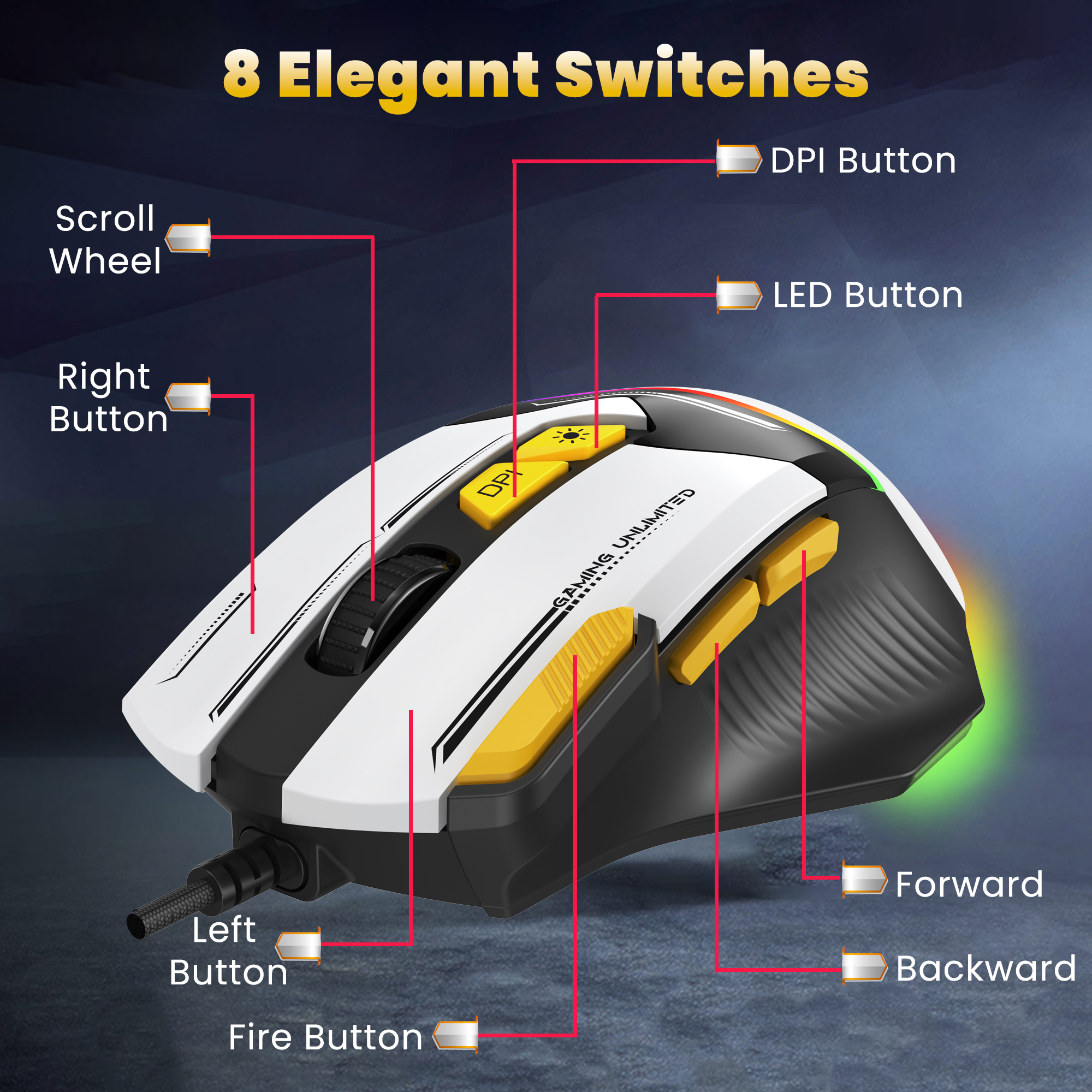 Ant Esports GM333 Wired Optical Ergonomic Design (Black-White-Yellow) Gaming Mouse Esports