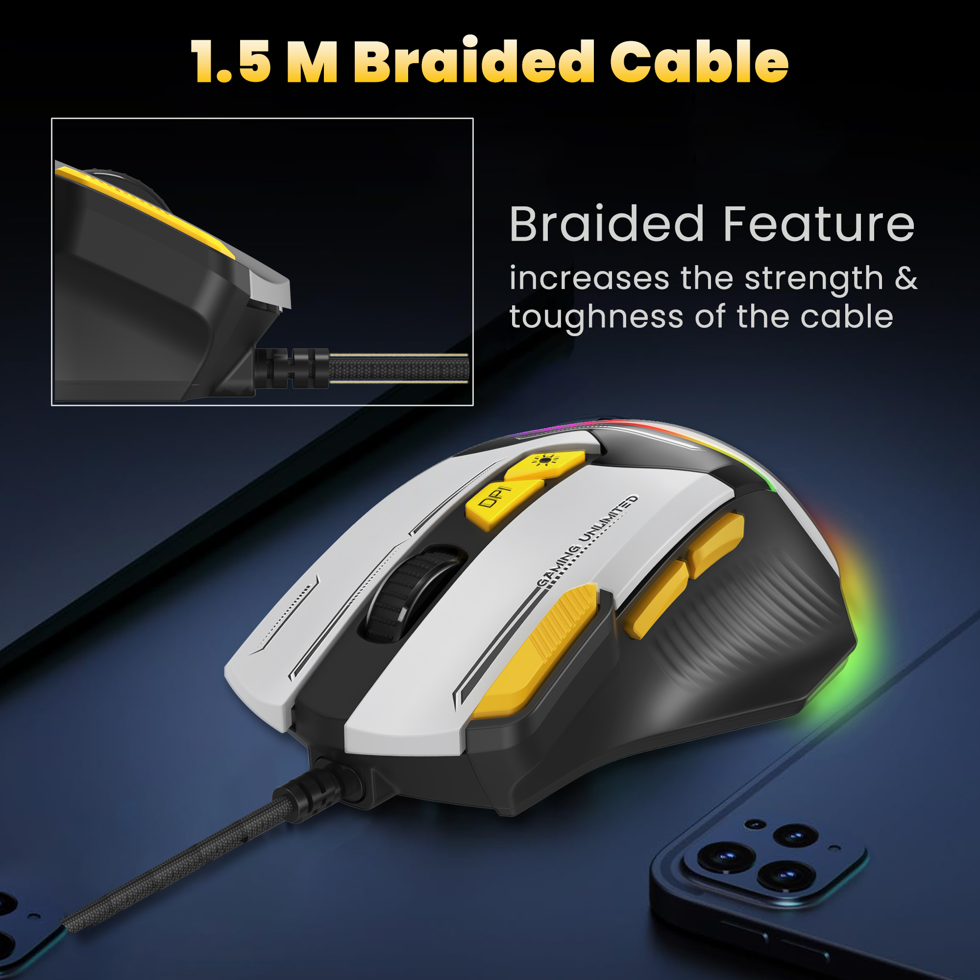Ant Esports GM333 Wired Optical Ergonomic Design (Black-White-Yellow) Gaming Mouse image 7