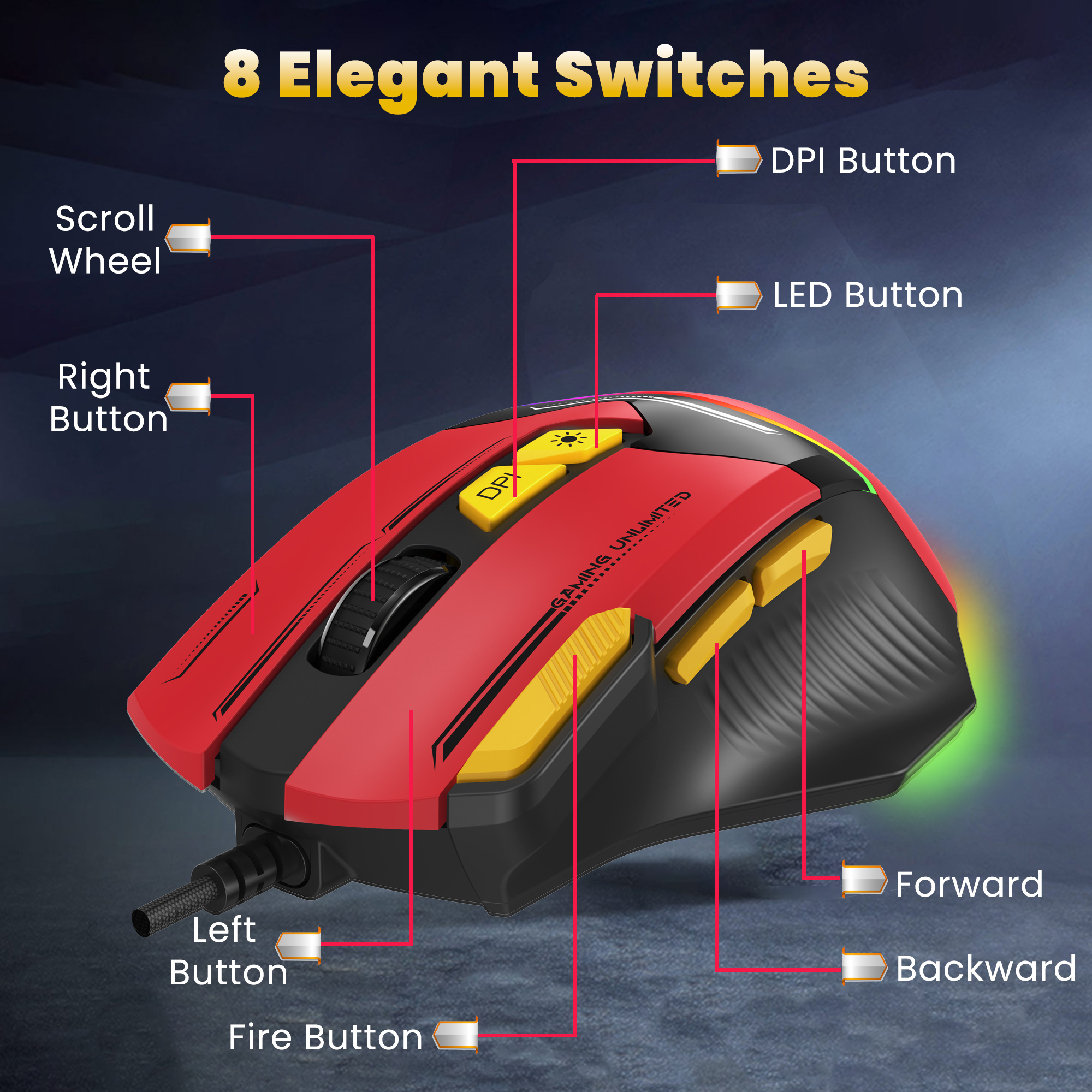 Ant Esports GM333 Wired Optical Ergonomic Design (Black-Red-Yellow) Gaming Mouse Esports