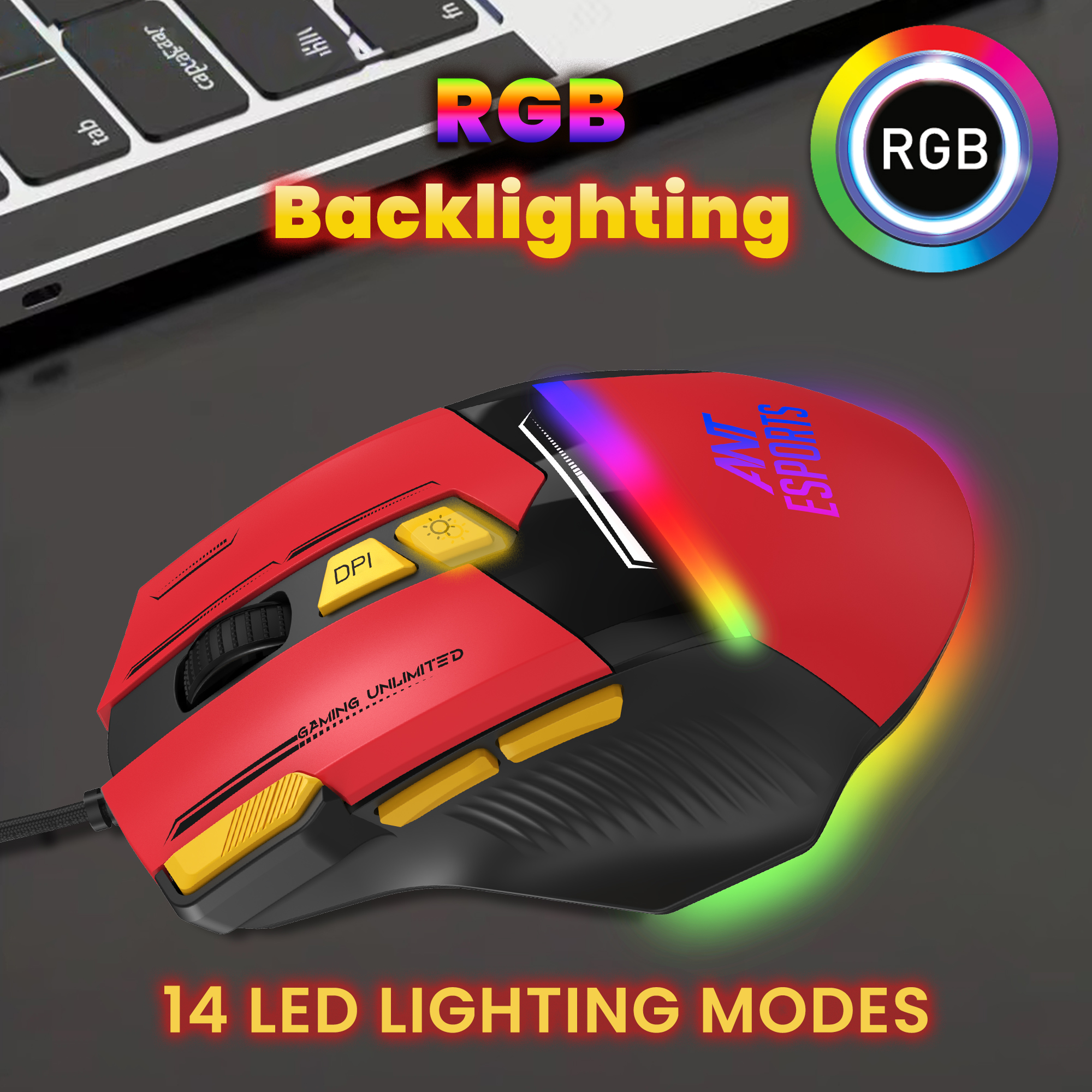 Ant Esports GM333 Wired Optical Ergonomic Design (Black-Red-Yellow) Gaming Mouse image 8