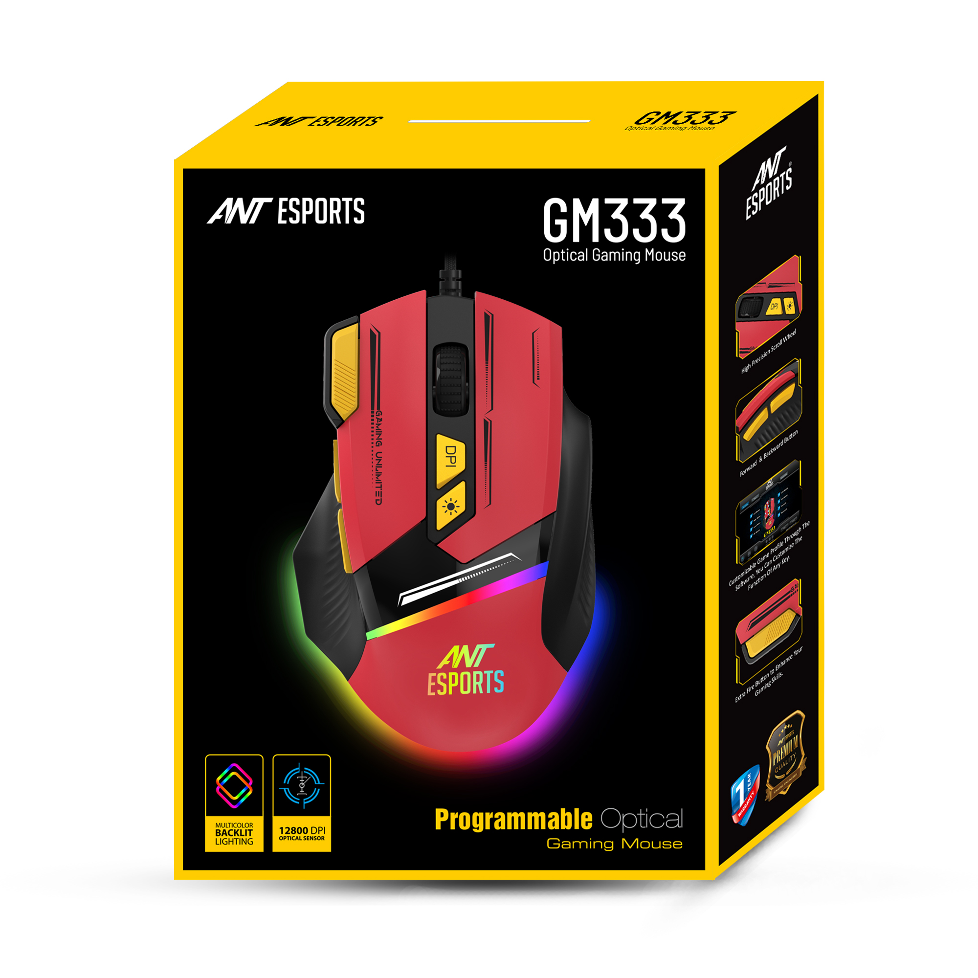 Ant Esports GM333 Wired Optical Ergonomic Design (Black-Red-Yellow) Gaming Mouse image 10