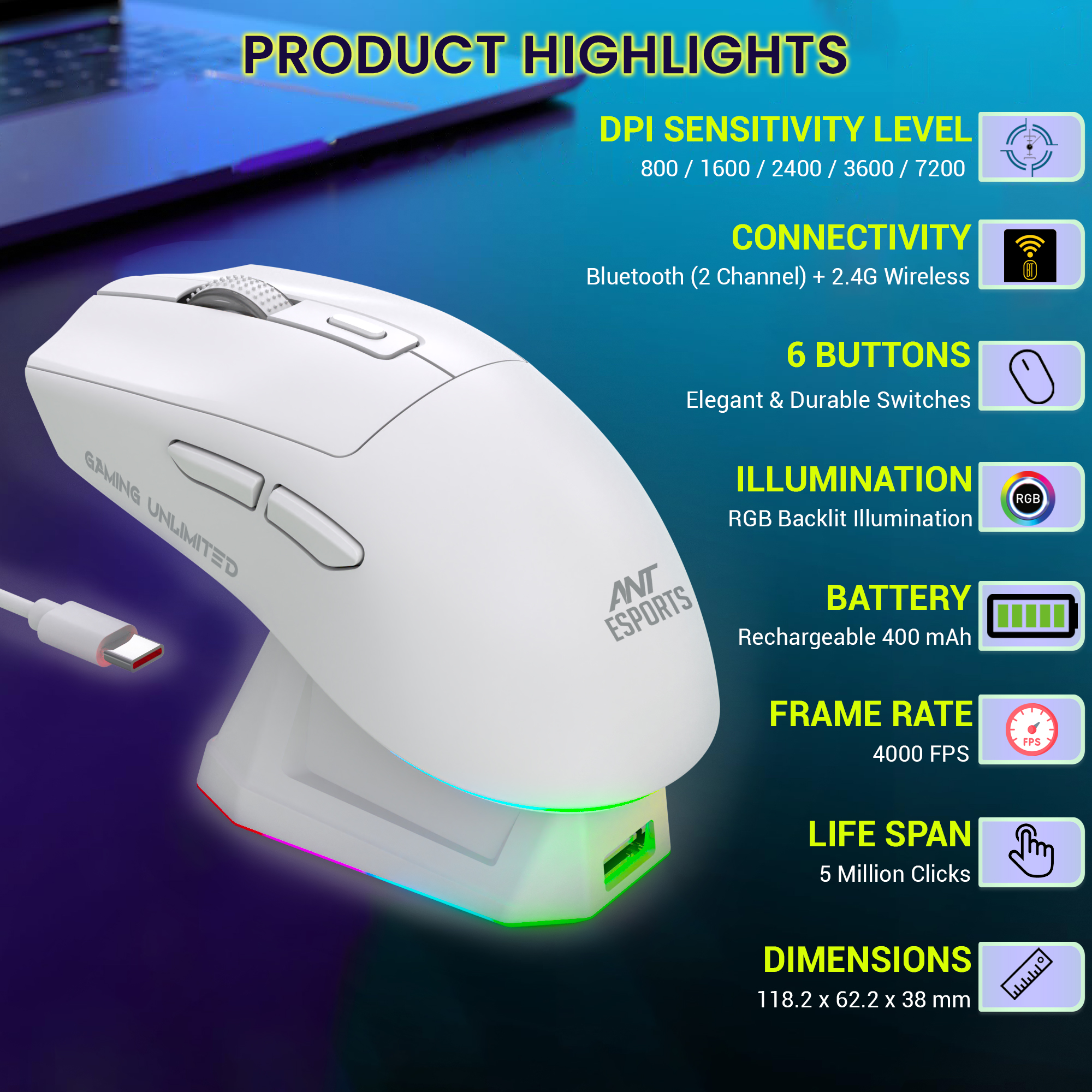 Ant Esports GM810 Pro Wireless Optical (White) Gaming Mouse modxcomputers