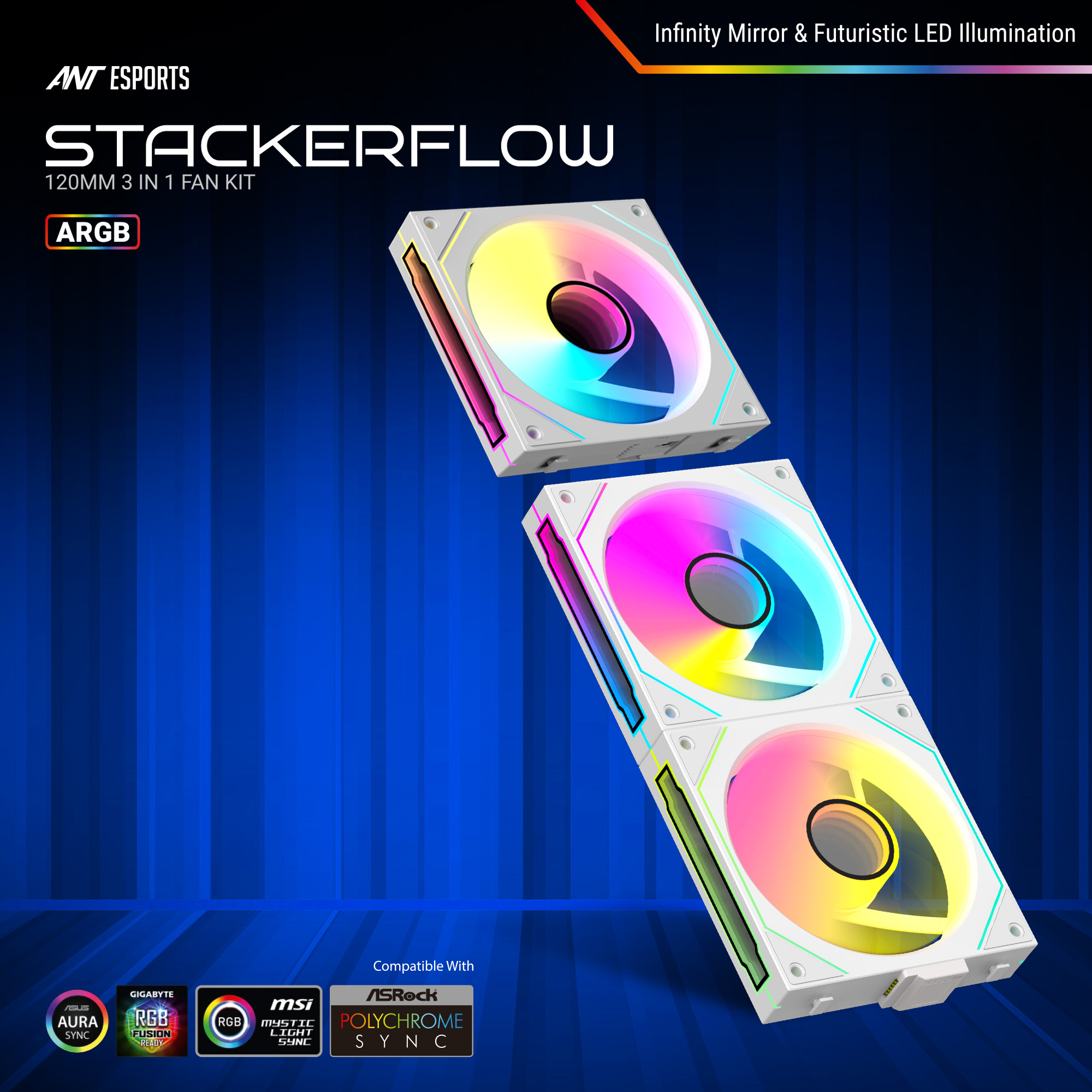 Ant Esports Stackerflow 120mm ARGB (Triple Pack) (White) Case Fans-img(3)