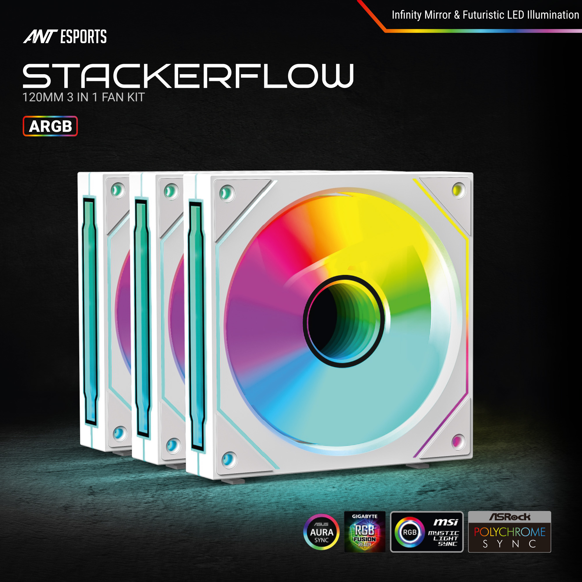 Ant Esports Stackerflow 120mm ARGB (Triple Pack) (White) Case Fans-img(2)