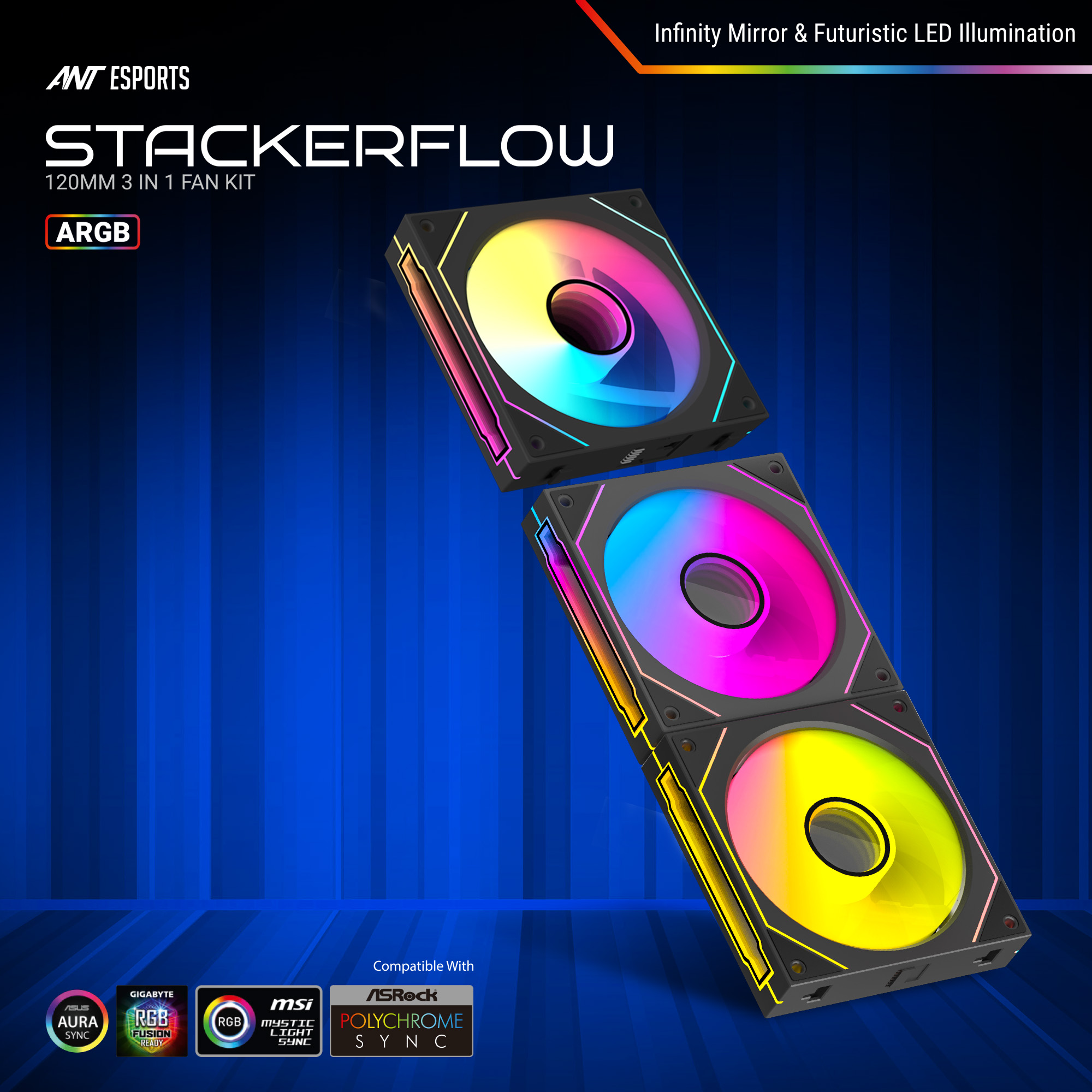 Ant Esports Stackerflow 120mm ARGB (Triple Pack) (Black) Case Fans Ant