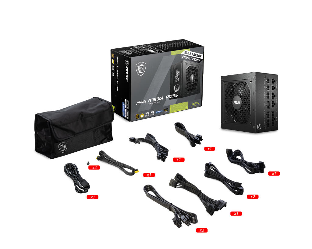 MSI MAG A750GL PCIE 5.1 ATX 3.1 750 Watt 80 Plus Gold Fully Modular Power Supply MAG