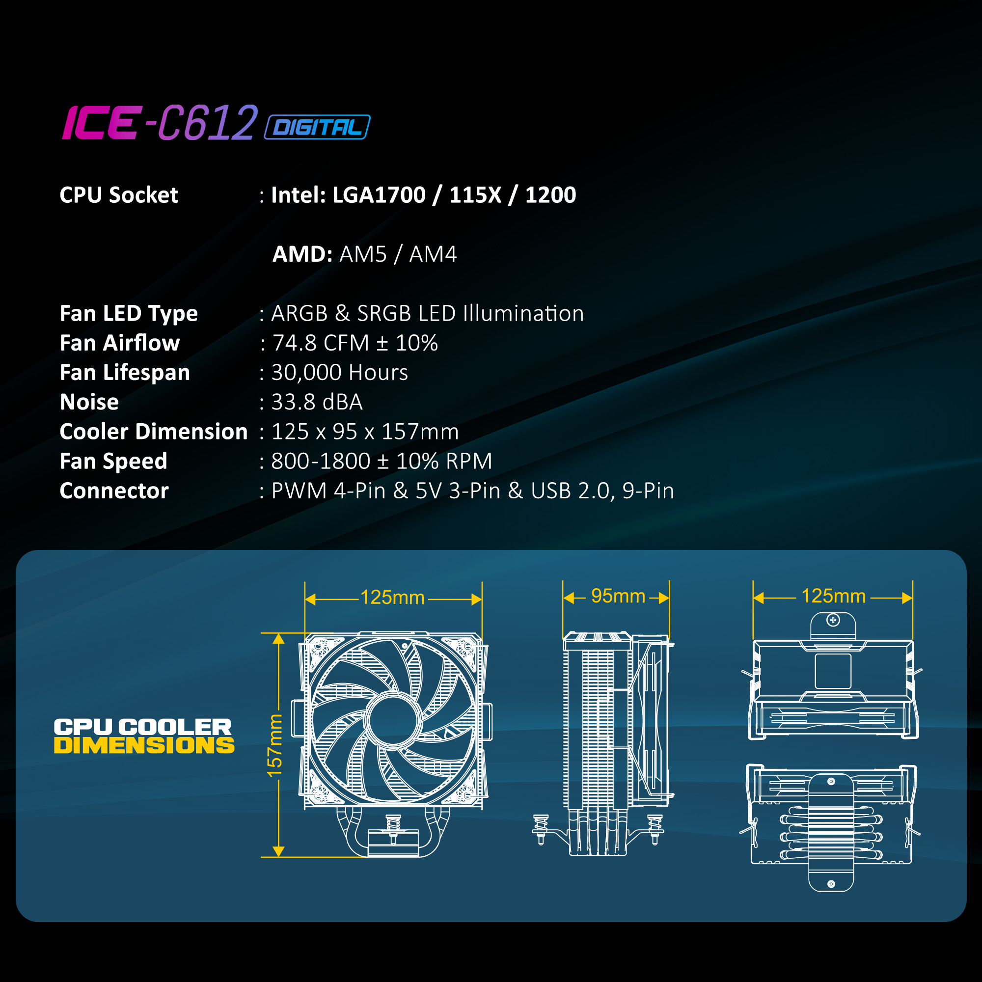 Ant Esports ICE-C612 Digital ARGB with Temp Display (Black) Air Cooler image 7