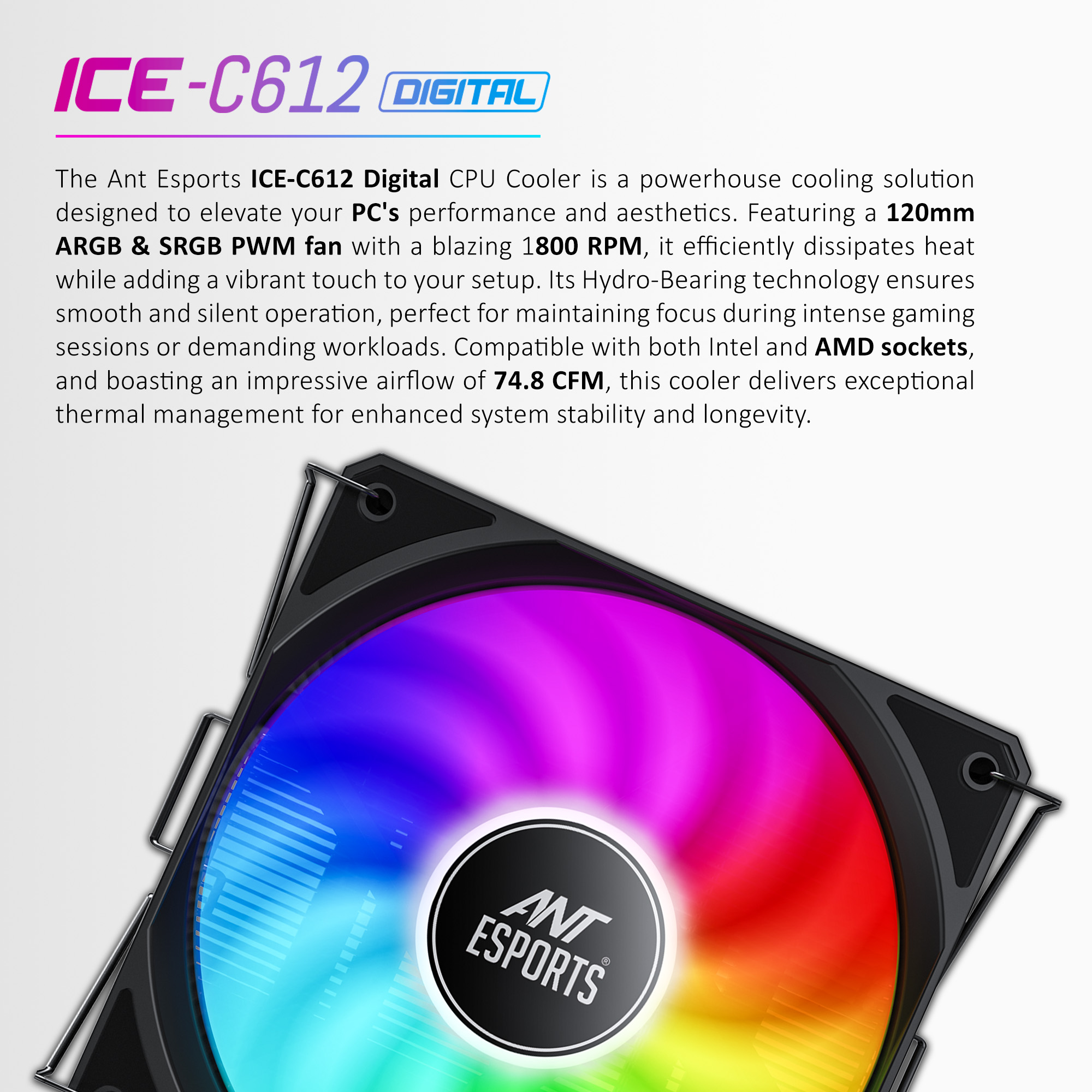 Ant Esports ICE-C612 Digital ARGB with Temp Display (Black) Air Cooler Esports